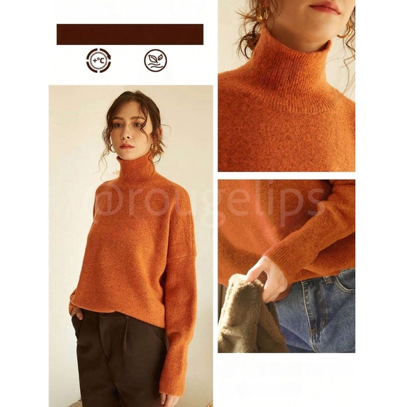 Orange Knit Turtleneck Pullover Sweater Long Sleeve Drop Shoulder - Picture 5 of 9